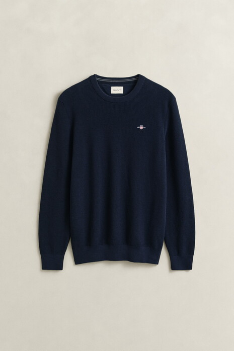 Gant Solid Color Micro Textured Cotton Crew Neck Trui Avond Blauw