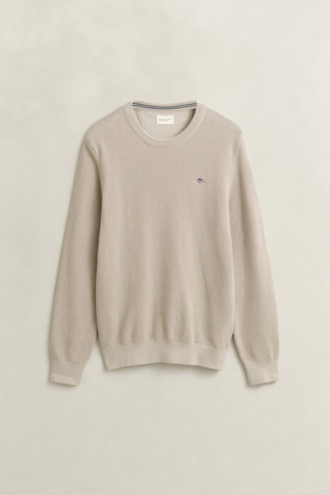 Gant Solid Color Micro Textured Cotton Crew Neck Trui Clay Beige