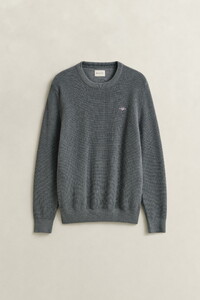Gant Solid Color Micro Textured Cotton Crew Neck Trui Dark Grey Melange