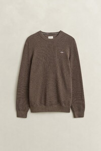 Gant Solid Color Micro Textured Cotton Crew Neck Trui Dark Hazelnut Melange