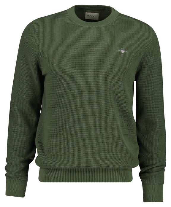 Gant Solid Color Micro Textured Cotton Crew Neck Trui Dry Herb Green