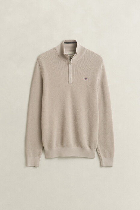 Gant Solid Color Micro Textured Cotton Half Zip Pullover Clay Beige
