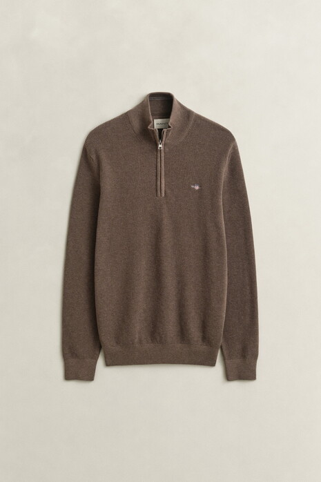 Gant Solid Color Micro Textured Cotton Half Zip Pullover Dark Hazelnut Melange