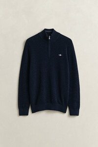 Gant Solid Color Micro Textured Cotton Half Zip Trui Avond Blauw