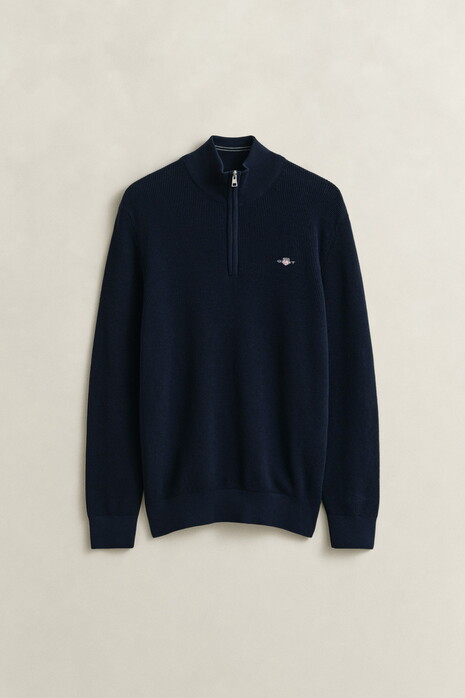 Gant Solid Color Micro Textured Cotton Half Zip Trui Avond Blauw