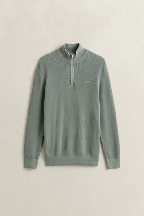 Gant Solid Color Micro Textured Cotton Half Zip Trui Ceramic Grey