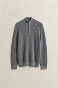 Gant Solid Color Micro Textured Cotton Half Zip Trui Dark Grey Melange