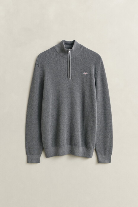 Gant Solid Color Micro Textured Cotton Half Zip Trui Dark Grey Melange