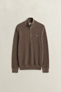 Gant Solid Color Micro Textured Cotton Half Zip Trui Dark Hazelnut Melange
