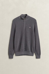 Gant Solid Color Micro Textured Cotton Half Zip Trui Midden Grijs
