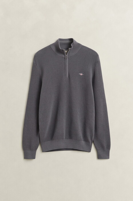 Gant Solid Color Micro Textured Cotton Half Zip Trui Midden Grijs