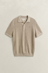 Gant Solid Color Micro Textured Cotton Short Sleeve Polo Pullover Poloshirt Oat Melange