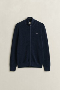Gant Solid Color Micro Textured Cotton Zip Cardigan Evening Blue