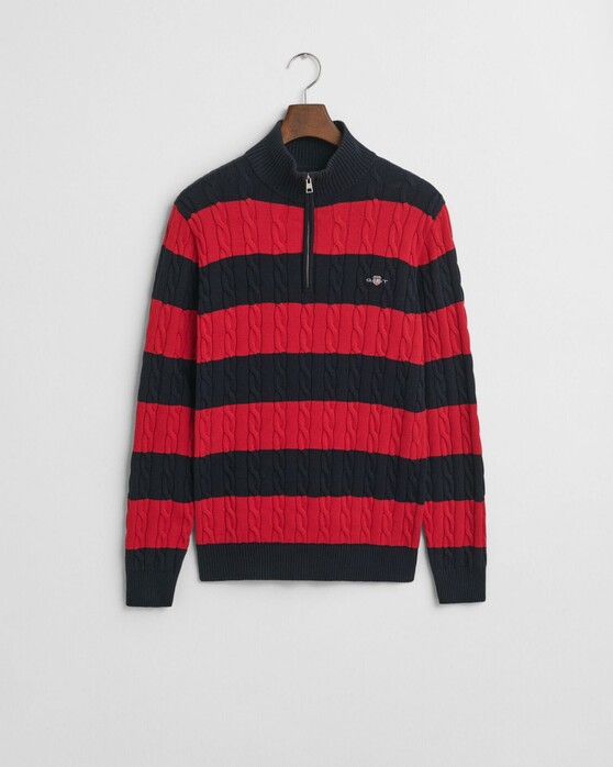Gant Striped Cotton Cable Knit Half Zip Trui Ruby Red