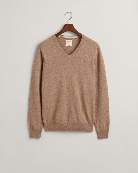 Gant Superfijne Lamswol V-Hals Trui Dark Sand Melange