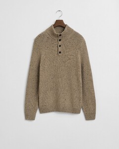 Gant Wool Blend Neps Half Buttoned Trui Dark Sand Melange