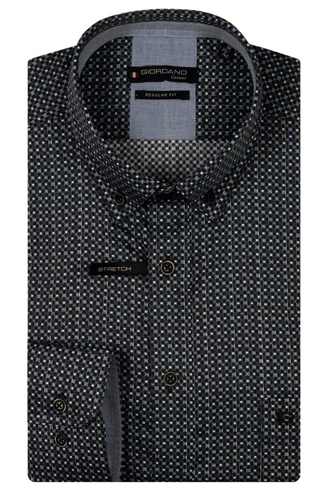 Giordano Ivy Abstract Mini Graphic Squares Check Satin Stretch Overhemd Navy-Multi