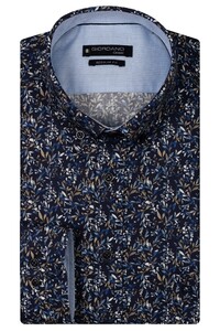 Giordano Ivy Button Down Satin Subtle Stretch Fine Leaves Pattern Overhemd Navy-Multi