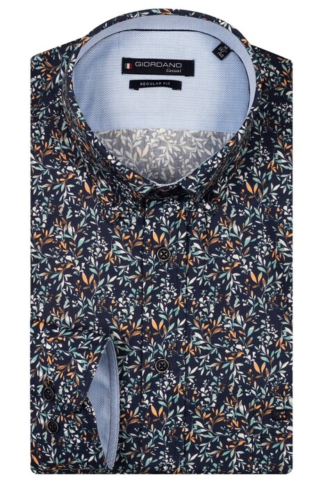 Giordano Ivy Button Down Satin Subtle Stretch Fine Leaves Pattern Overhemd Oranje-Multi