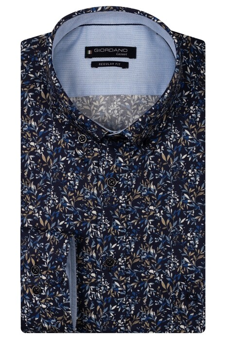 Giordano Ivy Button Down Satin Subtle Stretch Fine Leaves Pattern Shirt Navy-Multi