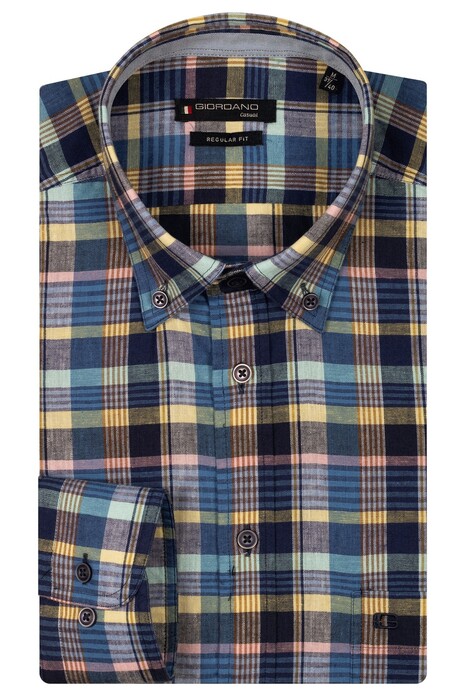 Giordano Ivy Cotton Linnen Check Button Down Overhemd Navy-Multi