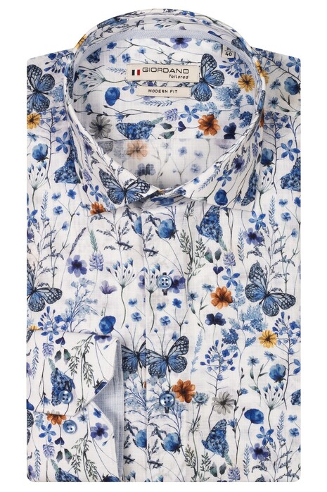 Giordano Maggiore Semi Cutaway Collar Flower Pattern Linnen Look Overhemd Bright White-Multi