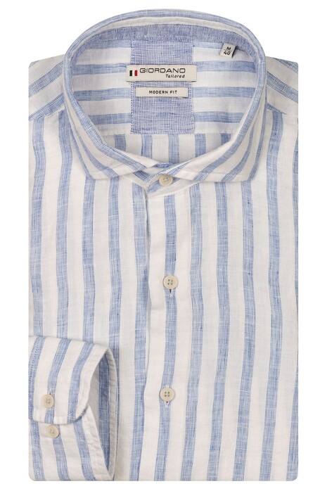 Giordano Row Cutaway Collar Linen Blend Stripe Overhemd Pastel Blauw
