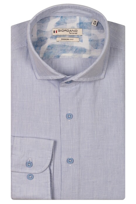 Giordano Row Soft Washed Cotton Linnen Cutaway Collar Micro Gingham Check Overhemd Licht Blauw