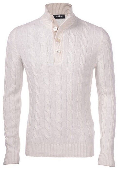 Gran Sasso Cable Knit High Button Collar Pullover White