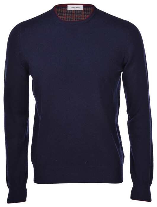Gran Sasso Crew Neck Cashmere Blend Tweed Elbow Patch Details Trui Blue Navy