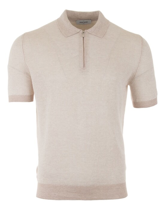 Gran Sasso Fine-Stripe Linen Cotton Blend Polo Licht Zand