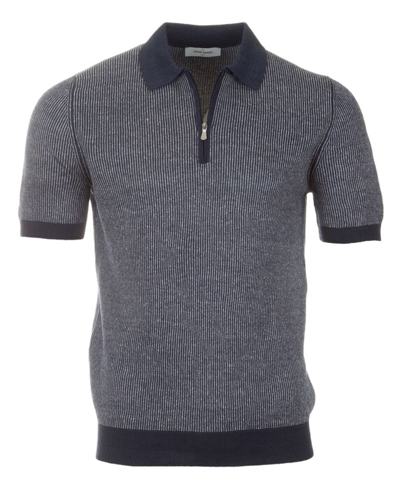 Gran Sasso Fine-Stripe Linen Cotton Blend Poloshirt Dark Evening Blue