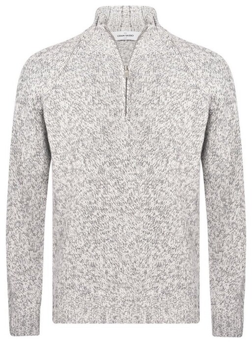 Gran Sasso Mouliné Zip Mock Neck 5-Ply Super Geelong Wool Trui Wit-Grijs