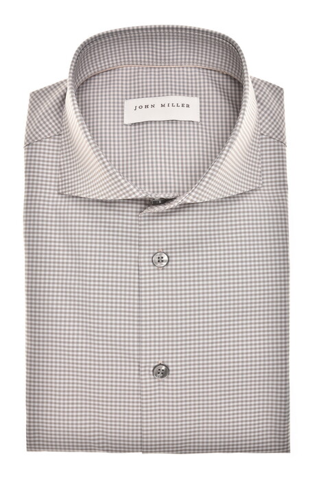 John Miller Allover Fine Check Cotton Non-Iron Overhemd Midden Bruin