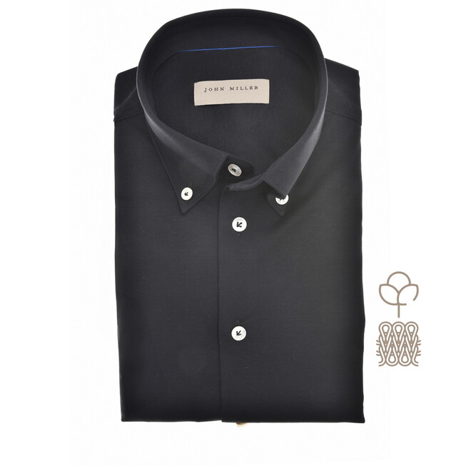 John Miller Button Down Plain Color Cotton Tricot Overhemd Zwart