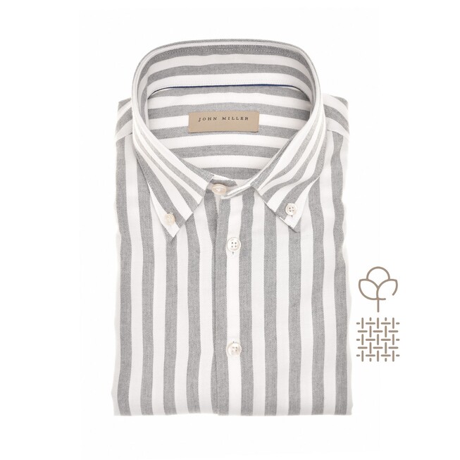 John Miller Button-Down Stripe Cotton Flannel Shirt Mid Grey