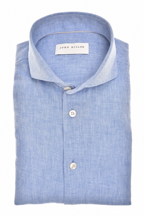 John Miller Casual Linnen Cotton Fine Herringbone Pattern Overhemd Midden Blauw