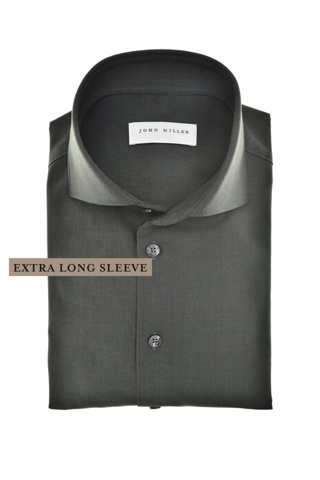 John Miller Extra Long Sleeve Wide-Spread Solid Color Wool Blend Overhemd Donker Groen