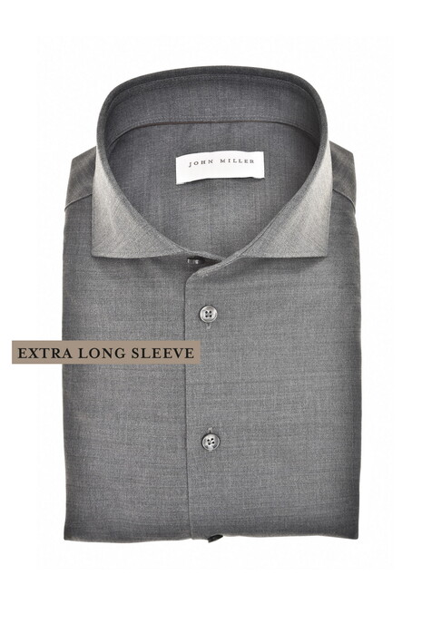John Miller Extra Long Sleeve Wide-Spread Solid Color Wool Blend Overhemd Midden Grijs