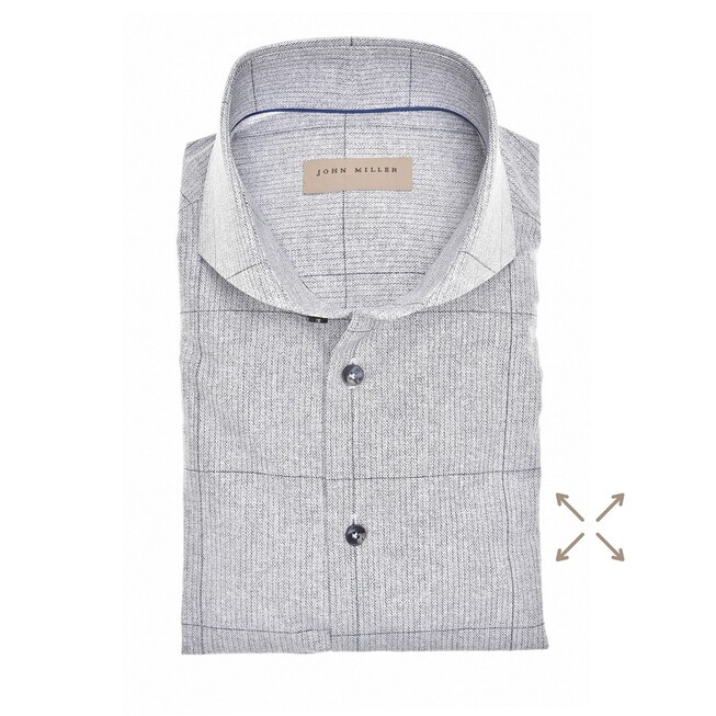 John Miller Herringbone Large Check Cutaway Cotton Stretch Overhemd Donker Blauw