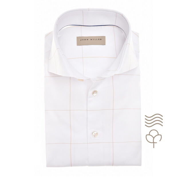 John Miller Large Check Cotton Non-Iron Overhemd Wit-Beige