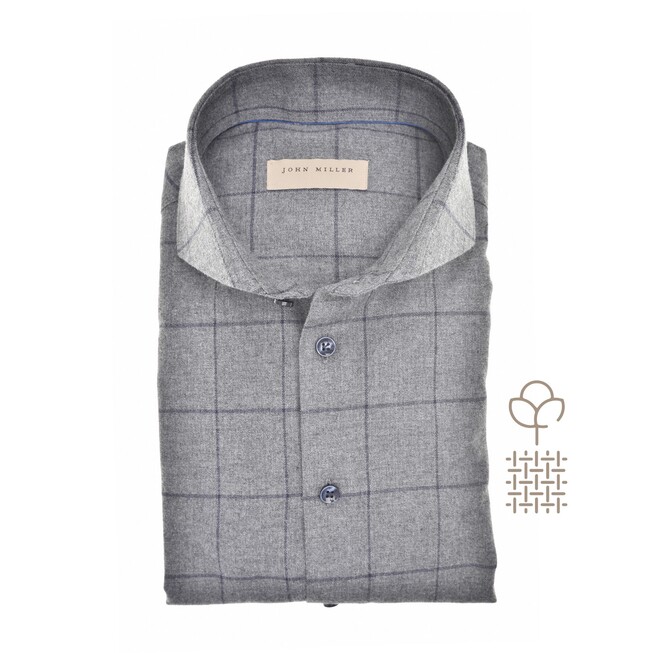 John Miller Large Check Soft Cotton Flanel Check Overhemd Midden Grijs