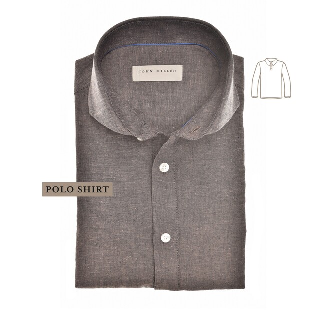 John Miller Loose Fit Cutaway Collar Linnen Cotton Blend Polo Donker Bruin