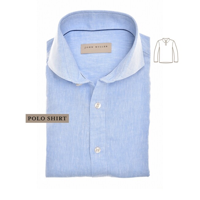 John Miller Loose Fit Cutaway Collar Linnen Cotton Blend Polo Licht Blauw
