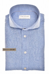 John Miller Loose Fit Cutaway Linnen Cotton Mini Herringbone Polo Midden Blauw