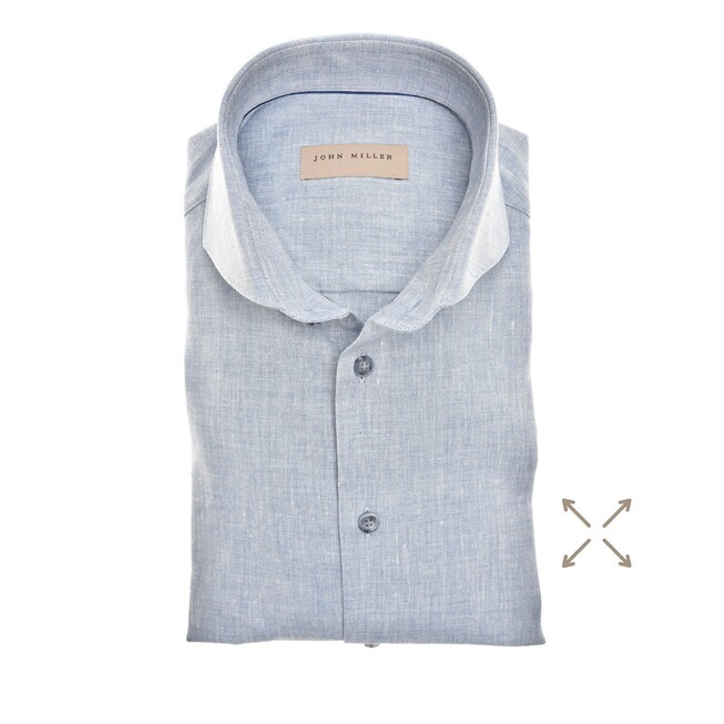 John Miller Mélange Color Fine Texture Linnen Stretch Blend Overhemd Midden Blauw