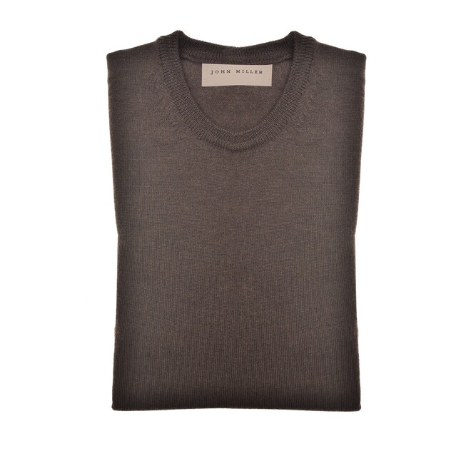 John Miller Merino R-Neck Trui Donker Bruin