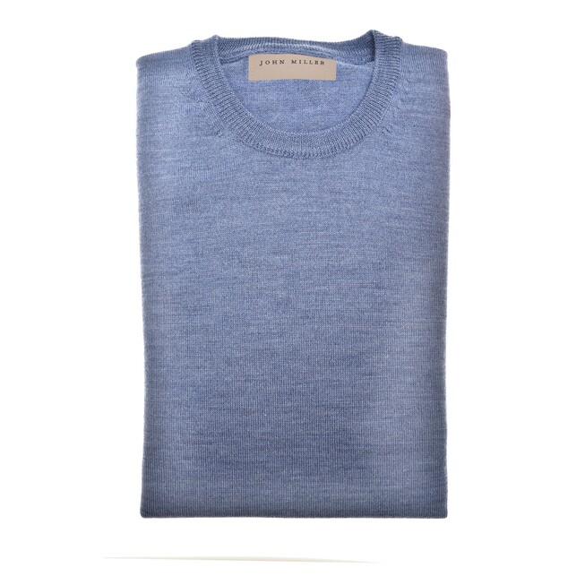John Miller Merino R-Neck Trui Midden Blauw