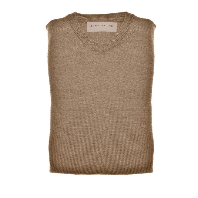 John Miller Merino R-Neck Trui Midden Bruin