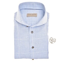 John Miller Pure Linen Windowpaine Check Overhemd Licht Blauw